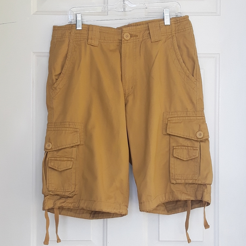 Tan Cargo Shorts with Drawstring Hem and Belt Loops.